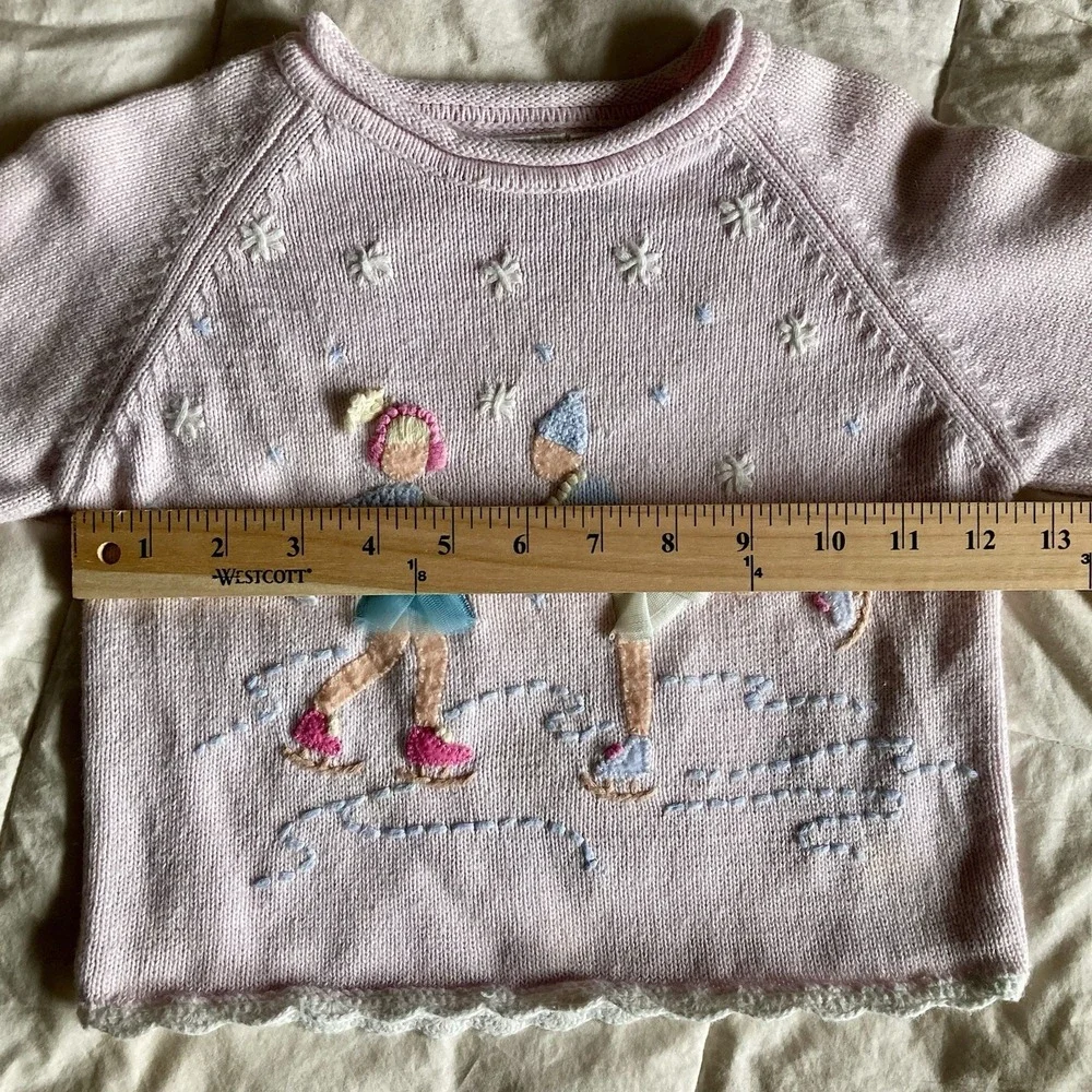 Vtg Embroidered Sweater 3D Girls Ice Skating Pink 2T Cotton Ramie Winter Snow